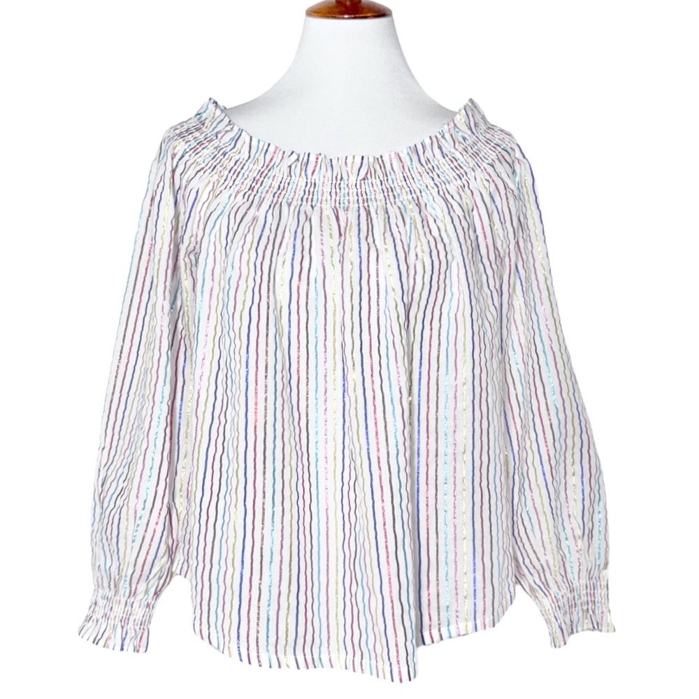 Boden Metallic Colorful Stripe Off The Shoulder Smocked 3/4 Sleeve Peasant Top S - Picture 10 of 13